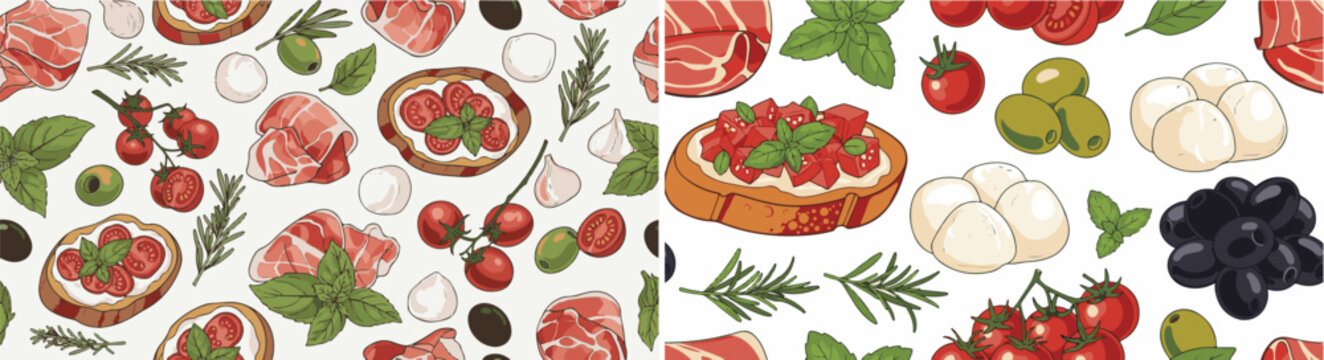 Vibrant Seamless Pattern Featuring Hand-Drawn Italian Food Ingredients and Bruschetta