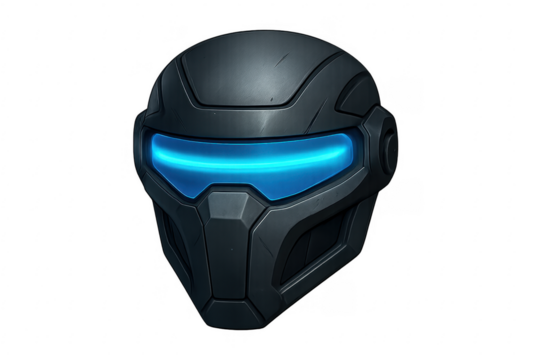 Futuristic black helmet with glowing blue visor