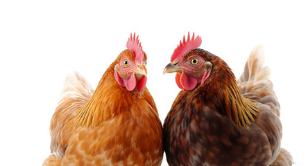 Two Chickens in Close-Up, Facing Each Other on White Background