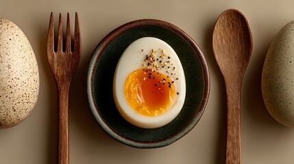 A perfectly soft boiled egg cut in half sits on a small plate with pepper, presented with a wooden fork and spoon alongside two whole speckled eggs.