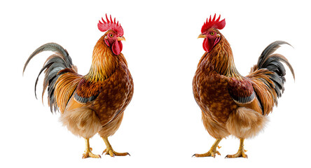 Two Colorful Roosters Standing on White Background