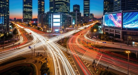 Naklejka premium Dynamic Urban Metropolis at Twilight with Streaking Vehicle Light Trails