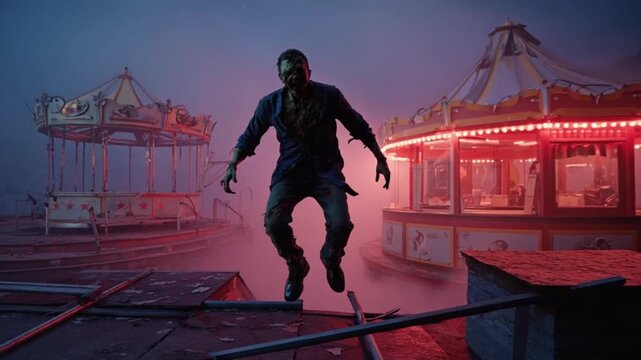 A zombie is floating in the air near two carousels with red lights in a foggy environment halloween zombie video