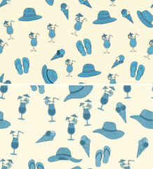Summer Vacation Seamless Pattern with Beach Hats, Ice Cream, Drinks, and Flip-flops