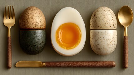 A soft boiled egg cut in half sits between two whole speckled eggs in cups with a spoon fork and knife arranged on a flat surface for a breakfast still life.
