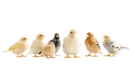 Variety of colorful small birds on white background