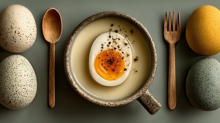 A soft boiled egg sits in a bowl surrounded by wooden spoon and fork with different colored eggs on each side showing a culinary presentation on green background.