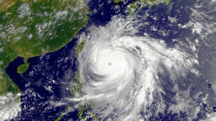 A powerful typhoon with intense storm winds and swirling superstorm clouds over the ocean, showcasing extreme weather, atmospheric force, natural disaster impact, and dramatic windstorm conditions