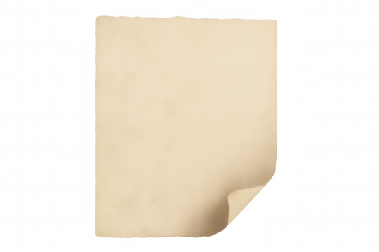Aged parchment paper texture with a curled corner, vintage blank document page, empty beige scroll on transparent background - Powered by Adobe