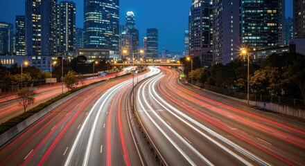 Obraz premium Dynamic Urban Highway at Night with Streaking Traffic Light Trails Amidst Modern Skyscrapers