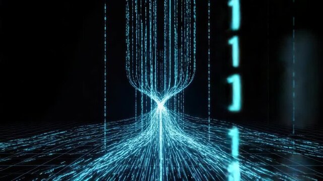 Glowing blue binary digits form vertical streams and central flow converging like an hourglass before fanning out across grid-like surface illustrating data processing