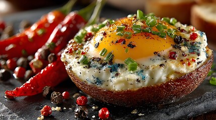 A delicious breakfast featu a fried egg led in a mushroom cap, garnished with green onions and spices, served with vibrant red chili peppers on a slate plate.