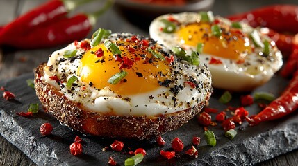Two fried eggs served on toasted bread are sprinkled with herbs and red pepper flakes on a slate plate for a delicious spicy breakfast or brunch dish.