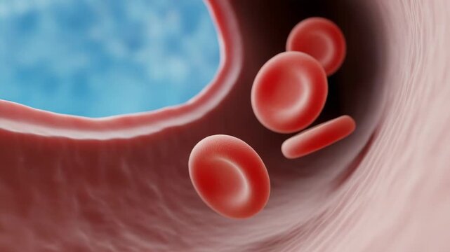 Detailed 3D rendering showing red blood cells primarily biconcave discs and some elongated flowing within pink biological vessel A blurred blue background suggests an open lumen