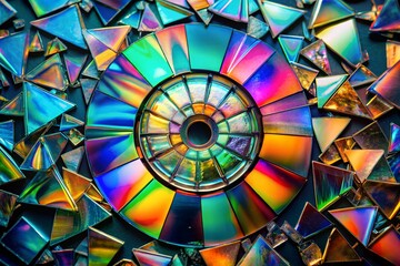 Vibrant abstract rainbow colors reflected on shattered cds and a central disc