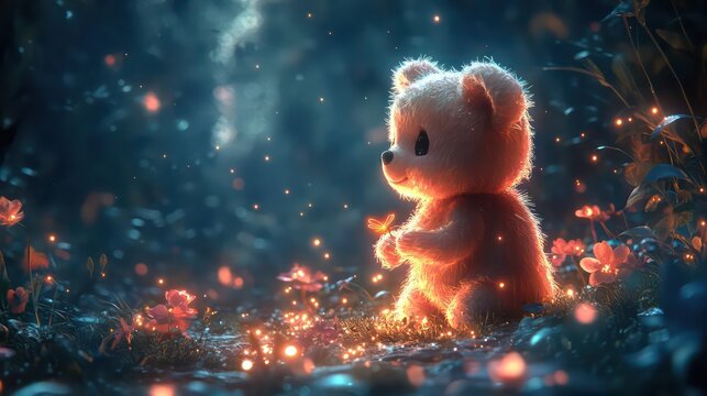 Fluffy baby compy chases a glowing bug across a soft prehistoric meadow.
