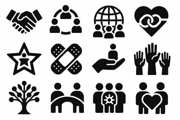 Flat Black and White Icon Set of Human Connection and Cooperation with Bold Shapes