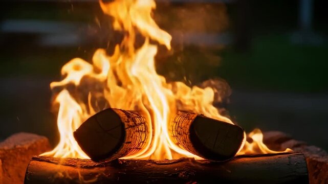 close-up of warm vibrant campfire with bright orange and yellow flames engulfing three wooden logs in stone fire pit The dancing fire creates cozy atmosphere against dark background