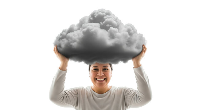 World mental health day woman holding cloud above head concept for cloud computing storage solutions and weather forecast services