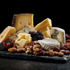 Product photography of an assortment of various loose cheeses, walnuts, and dried fruit on a slate board with a black background. 
