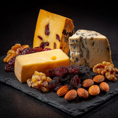 Product photography of an assortment of various loose cheeses, walnuts, and dried fruit on a slate board with a black background. 