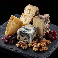Product photography of an assortment of various loose cheeses, walnuts, and dried fruit on a slate board with a black background. 