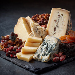 Product photography of an assortment of various loose cheeses, walnuts, and dried fruit on a slate board with a black background. 