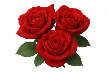 Fototapeta premium Red roses bouquet with water drops and green leaves symbolizing love, romance, and valentine's day on transparent background