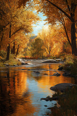 A serene autumn scene along the wide creek, with trees in full fall color display and their reflections on the calm waters