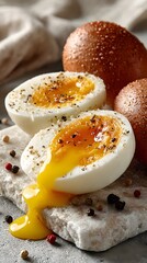 Delicious soft boiled egg cut in half revealing runny yolk, seasoned with salt and pepper, sits on a marble board beside two brown speckled buns, appealing food shot.