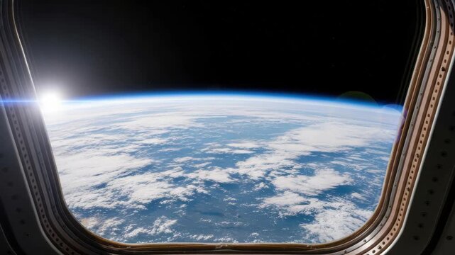 View from spacecraft window showing Earths curved horizon blue oceans and white clouds A bright sun rises illuminating the atmosphere against the dark star-filled void of space