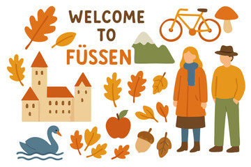 Flat Design Autumn F&uuml;ssen Bavarian Travel Icon Set