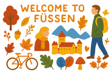 Flat Design Autumn F&uuml;ssen Bavarian Travel Icon Set
