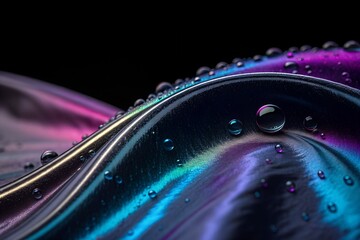 Iridescent liquid surface with water droplets reflecting vibrant neon colors on a dark background