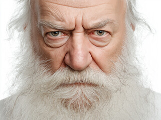 Angry old man with a white beard, looking straight into the camera, isolated on a white background
