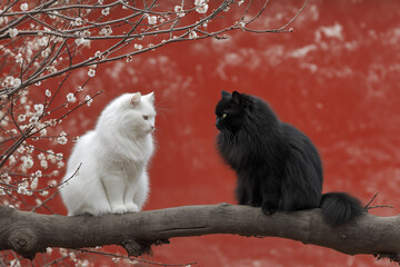 In the ancient red walls of china, two cats sat on an old plum blossom branch and looked at each other with love in their eyes