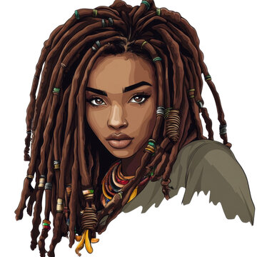 AI Image An artistic illustration of a serene woman with elaborate dreadlocks and warm undertones,