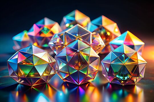 A vibrant cluster of geometric crystal orbs reflecting a spectrum of rainbow colors with a dark background