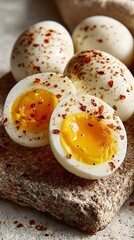 Close up of four hard boiled eggs seasoned with red pepper flakes, one sliced in half exposing a bright yellow yolk, sitting on a stone surface in soft light.
