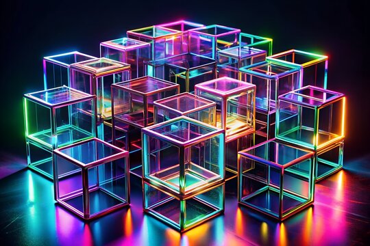 Abstract arrangement of glowing transparent cubes illuminated with vibrant neon lights creating a futuristic digital art