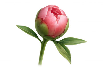 Pink peony flower bud with stem and green leaves, opening bloom, spring plant, blooming season on transparent background