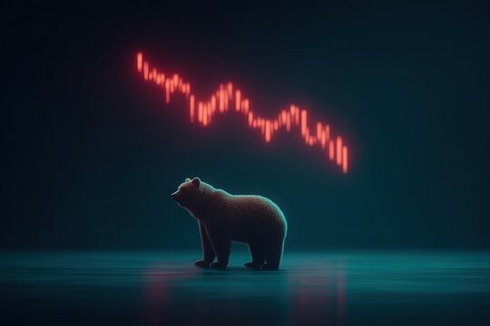 Dark, dramatic scene featuring a silhouette of a bear standing beneath a glowing red descending stock market chart.