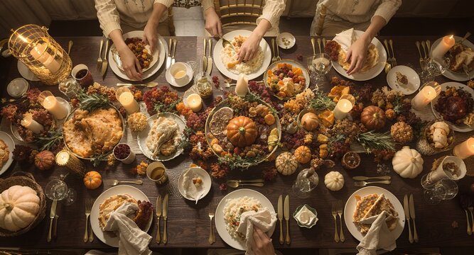 Festive table setting with a variety of foods, pumpkins, and candles