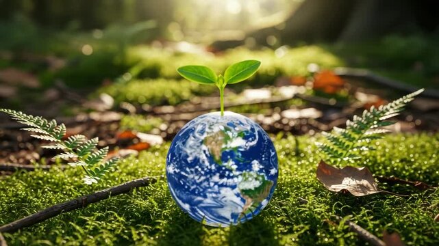 small vivid Earth globe with continents is centered on lush green moss vibrant seedling sprouting from its top Scattered ferns brown leaves and twigs adorn the sun-dappled forest floor
