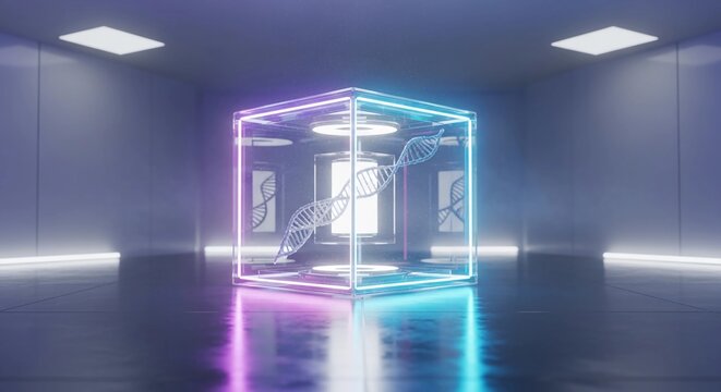Futuristic DNA Double Helix in Neon Cube Genetic Science and Technology