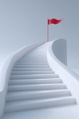 Minimal White Staircase Rising to a Red Flag Goal