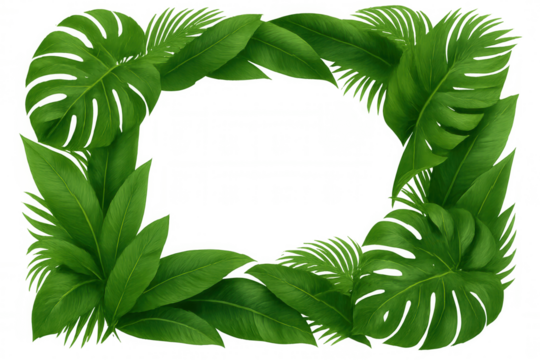 Tropical leaves arranging as a frame, featuring monstera, palm, and broad foliage. Transparent background