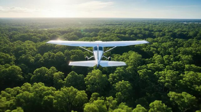 small white propeller plane flies directly away over an expansive dense green forest under bright blue sky with glowing sun creating lens flare on the wings