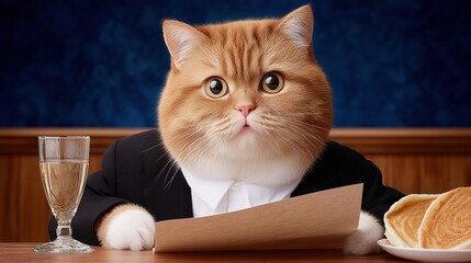An anthropomorphic orange tabby cat wearing a suit and tie sitting at a table with papers and a glass.