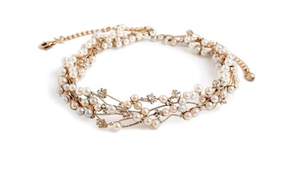 Pearl Necklace on White Background &ndash; a timeless and graceful visual. The delicate pearl necklace set against a white background highlights elegance, purity, and classic beauty